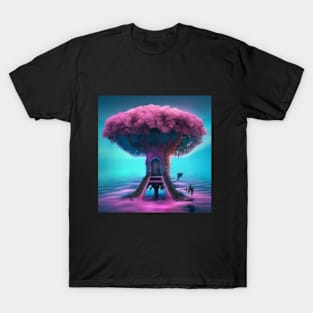 Pink Treehouse Blue Background T-Shirt